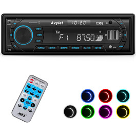 Автомобільна магнітола Bluetooth 5.0, FM/AM, 7 кольорів підсвічування, 1 DIN, стерео з 2 USB, AUX, MP3, підтримка iOS та Android, збереження 30 радіостанцій