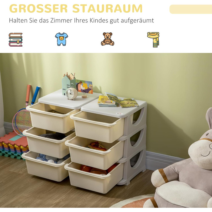HOMCOM Kids' Chest of Drawers with Storage Boxes, Toy Organizer, Toy Box, Three Tiers for Kids' Rooms, 3-6 Years, Children's Furniture, 37 x 37 x 56.5 cm (75L x 37W x 56.5H cm, Cream White)