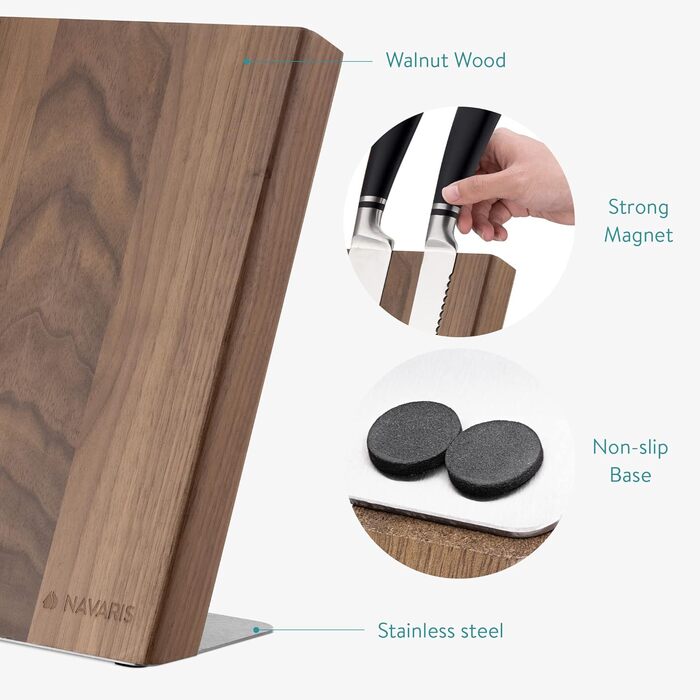 Navaris Magnetic Knife Holder from Walnut Wood 27.7x 27.5x12cm - Magnetic Knife Block Knife Board Wood Magnet Holder - Knife Holder Unfurnished Brown