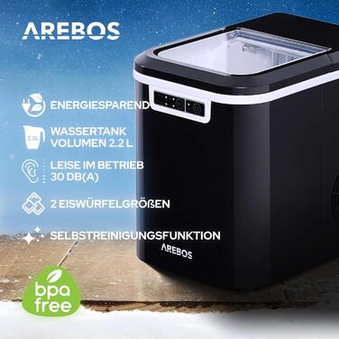 Машина для приготування льоду Arebos | 12 кг/24 год | Швидке виробництво (10-15 хв) | 2 розміри кубиків | 2.2 л резервуар | Самоочищення | Чорний колір