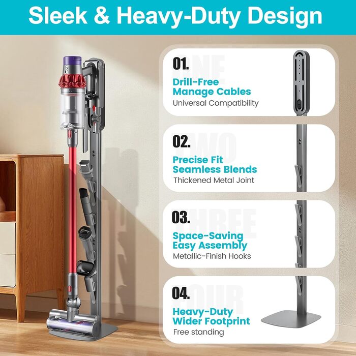 Підставка для пилососів Dyson Gen5 V15 V12 V11 V10 V8 V7 V6, без свердління, з прихованим шнуром, металевий органайзер для бездротових пилососів та насадок, сірий титан