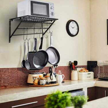 Ejoyous Kitchen Shelf Pan Shelf Kitchen Storage, Kitchen Wall Shelf Kitchen Wall Shelf Kitchen Holder Pan Holder with 10 S-shaped Hooks for Hallways Kitchen Bathrooms 60 x 25 x 25 cm