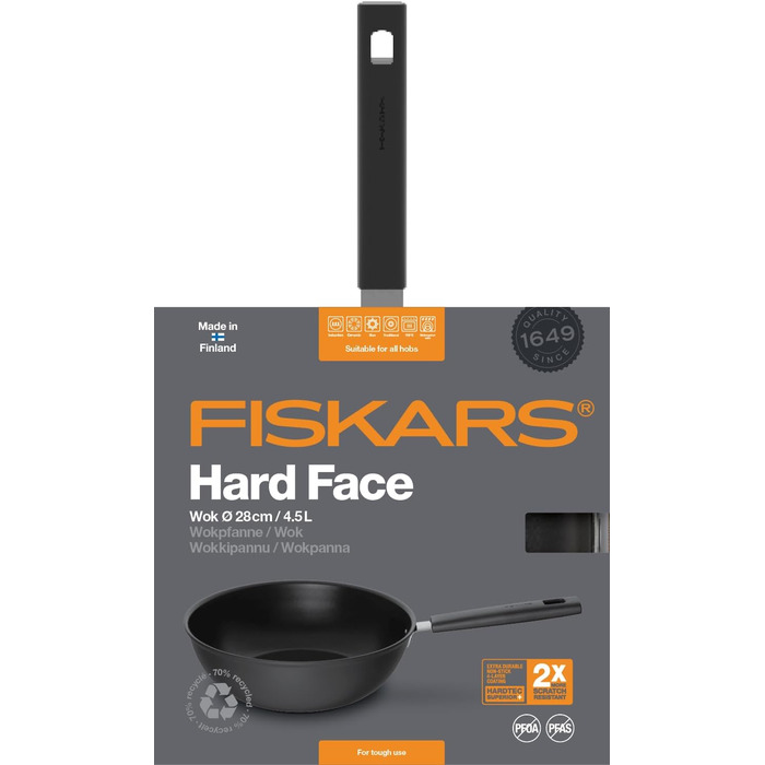 Сковорода-вок Fiskars Hard Face Ø22 см, антипригарна, алюміній/пластик, підходить для всіх плит, стійка до подряпин, чорна