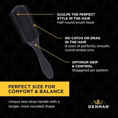 Щітка для волосся Denman D4M (для довгого волосся), для укладки та випрямлення, антистатична гумова подушка та нейлонові щетинки, 9-рядна, чорна