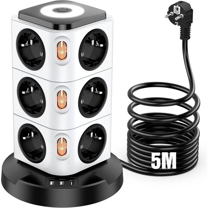 Багаторозкладна мережева розетка Acodot Tower з USB, 12 розеток, захист від перенапруги, 4 вимикачі, нічник, 3 USB-порти, кабель 3м, 2500W, для офісу, білий