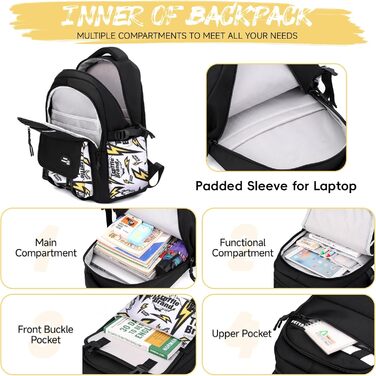 Шкільний рюкзак Tanou для хлопців-підлітків, принт графіті, водонепроникний, 10-18 років, для школи, гімназії, старшої школи (Чорний/Жовтий)