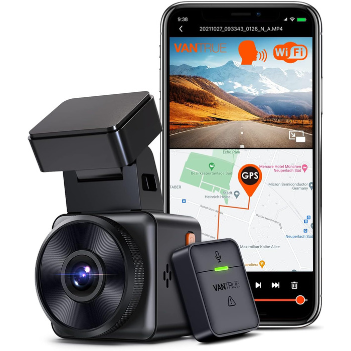 Автомобільний відеореєстратор VANTRUE E1 2.7K Wi-Fi GPS, 2.5K 1440P/60FPS, керування голосом та пультом, нічне бачення HDR, паркувальний режим 24/7, кут 160°, до 512ГБ