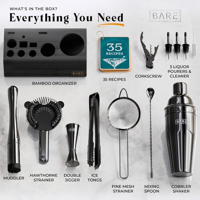 Bare Barrel Pro Cocktail Set - 14-Piece Boston Shaker Set with Stand & Recipe Cards - 24oz Cobbler Shaker