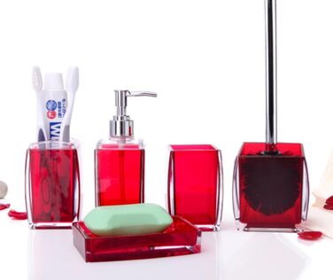 5-Piece Red Acrylic Bathroom Accessories Set, Complete Set, Lotion/Soap Dispenser, Soap Dish, Toothbrush Holder, Cup, Toilet Brush and Holder, Modern Bathroom Decor and