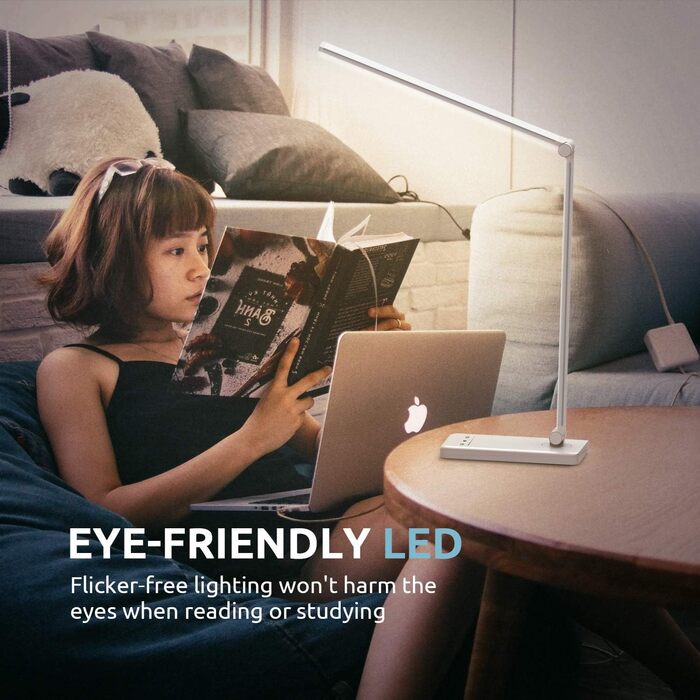 LED лампа настільна дитяча з регулюванням яскравості, 5 кольорів, 10 рівнів, захист очей, сенсорне керування, складана, з акумулятором 2500mAh, срібна