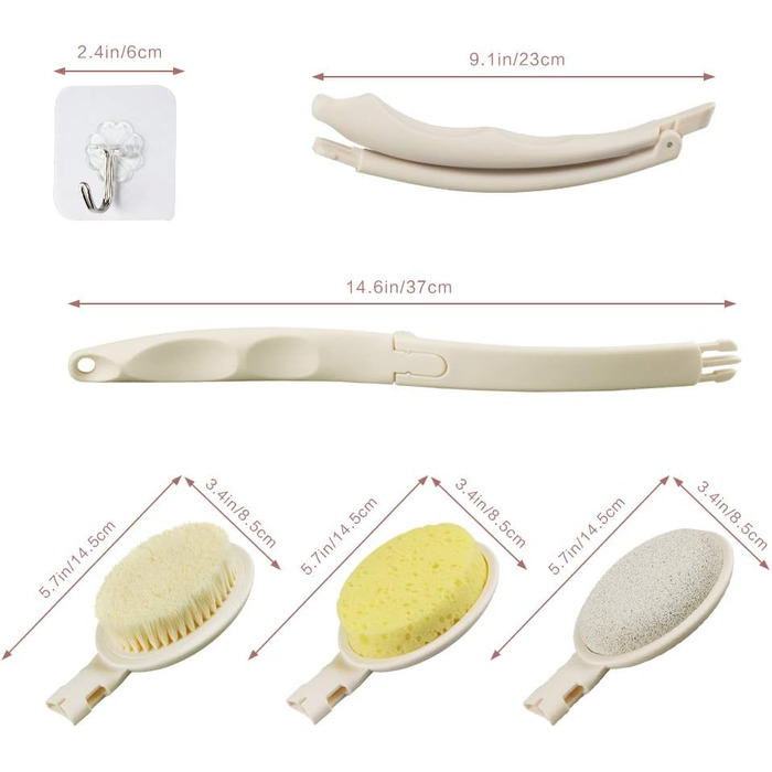 3-в-1 скребок для спини, аплікатор крему для тіла з довгим руків'ям, губка, пемза, люфа для душу. Білий, універсальний розмір