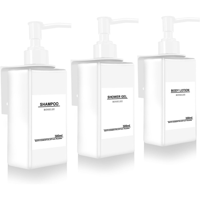 Набір з 3 дозатори для мила Roselee на стіну, без свердління, 500 мл. Дозатори для душу, шампуню та пінної ванни з етикетками для ванної кімнати та кухні (Білий)