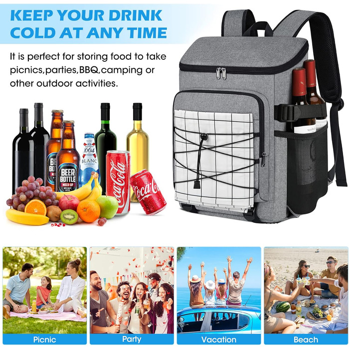 NUBILY 30L Insulated Cooler Backpack - Waterproof Cooler Bag Backpack, Large Insulated Cooler Bag, Thermo Lunch Bag for Camping, Outdoor Activities, Travel, BBQ, Hiking (Gray)
