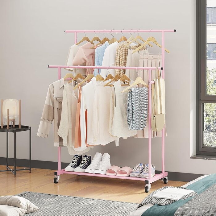 Мобильна вішалка для одягу Calmootey з подвійною перекладиною, біла (рожева)