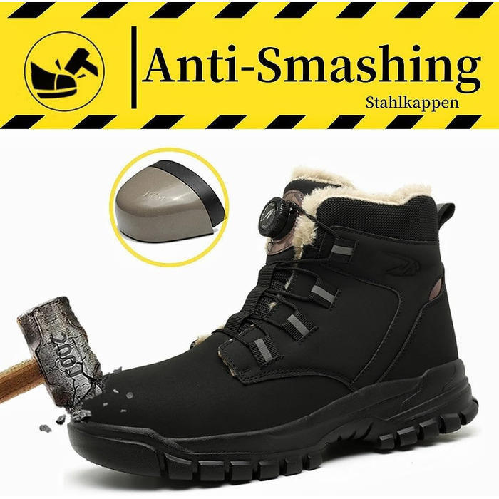 Зимові захисні черевики: чоловічі та жіночі робочі черевики з поворотним замикачем, неслизькі, зі сталевим підноском, водонепроникні, теплі, чорні, 42 EU