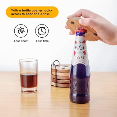 Acacia Wood Coasters Set of 6 with Bottle Opener, Wooden Coasters for Drinks with Holder, Table Protector for Home and Office Decor