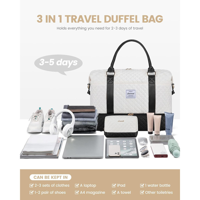 Спортивна дорожня сумка LOVEVOOK для жінок, велика, ручна поклажа, для подорожей, вихідних, сімейного відпочинку, сумка для лікарні/перевдягання, сауна, басейн, XXL, 2 шт. (Бежевий, Чорний)