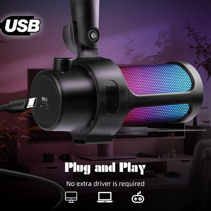 VCOM Gaming Мікрофон з тримачем, USB мікрофон з RGB підсвіткою, поп-фільтром, кнопкою Mute для ПК, подкастів, стрімінгу, YouTube, Mac, PS4, PS5