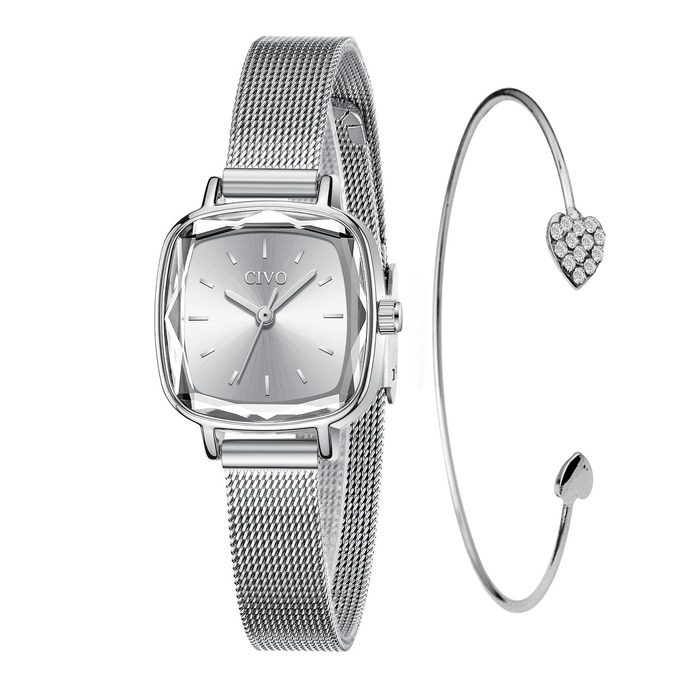 Жіночий класичний наручний годинник CIVO: аналоговий люксовий дизайн, водонепроникний, сріблястий колір (Модель B-7), подарунковий набір