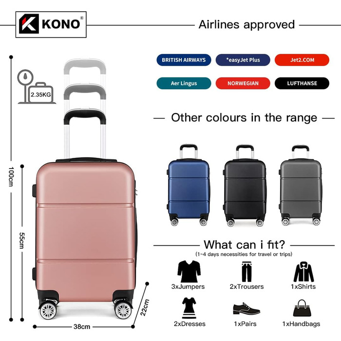 Валіза ручної поклажі KONO 55x38x22 см, 33 літри, ABS, рожево-золотий колір