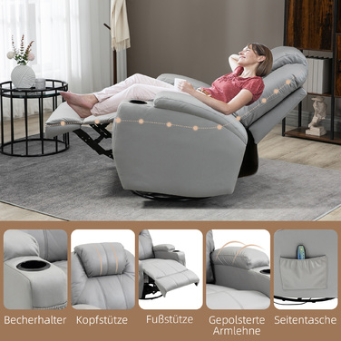 HOMCOM Electric TV Recliner Chair, Weight Capacity 150 kg, Stressless Recliner with Lie-Flat Function, Faux Leather, Light Grey