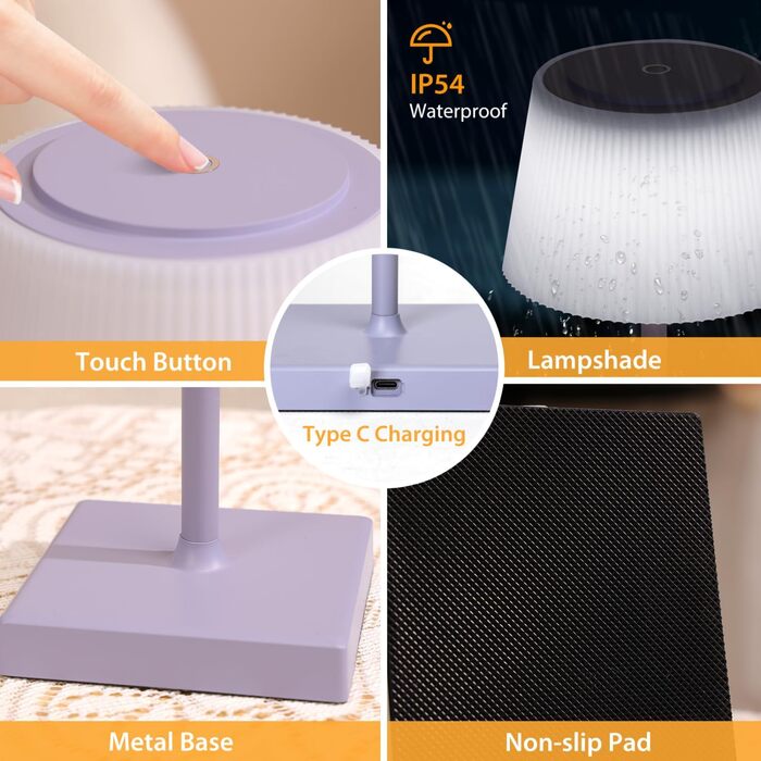 Світлодіодна настільна лампа Aigostar акумуляторна бездротова, димується сенсорно, 3 режими світла, водонепроникна IP54 для дому та саду - фіолетова