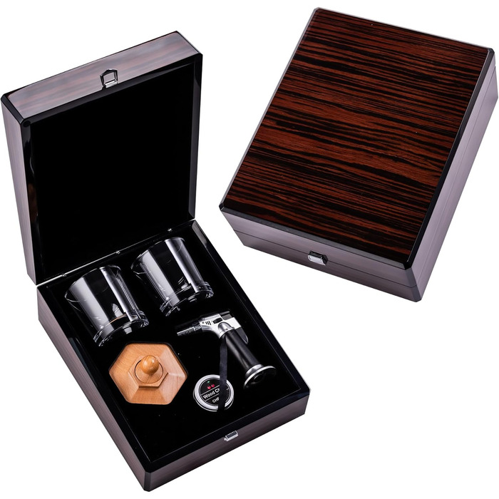 Преміум дерев'яний бокс для віскі з набором для копчення, ліхтарик, тріски, 2 склянки, набір для копчення коктейлів, подарунок для чоловіків, віскі, бурбон, День батька, ідеї подарунків на день народження
