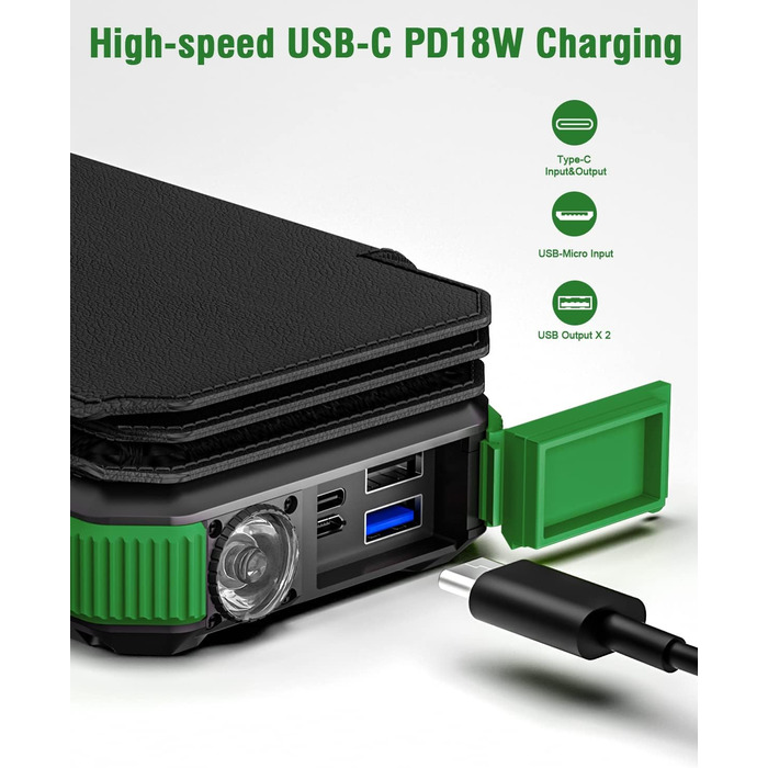 Сонячний павербанк WASTDE з сонячною панеллю, 26800mAh, водонепроникний, з ліхтариком (SOS), для зарядки телефонів та планшетів, USB-C, 18W, зелений