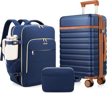 Набір валіз UKEIN 3 шт. з жорстким корпусом, міцний ручний багаж з 4 колесами, TSA-замок, рюкзак та косметичка (Marineblau)