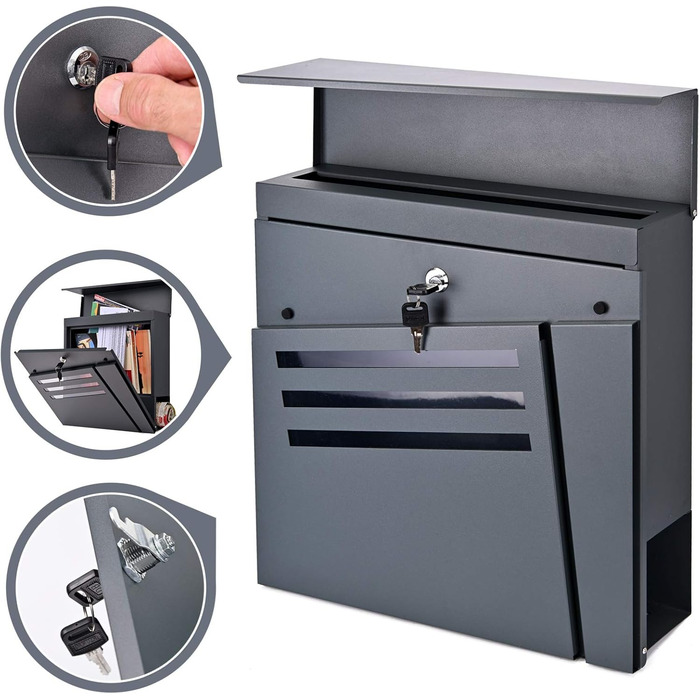 Поштовий ящик Verda з газетницею, нержавіюча сталь, антрацит, 37x37x11 см - сучасний вуличний поштовий ящик з ключем та оглядовим вікном