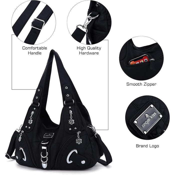 Сумка жіноча Angel Kiss Hobo через плече, чорна, PU шкіра, багато відділень