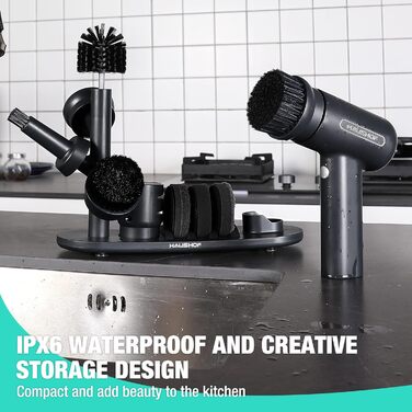 Електрична щітка для прибирання HAUSHOF з акумулятором, підставка, LCD дисплей, 3 швидкості, скрубер з 7 насадками та точилка для ножів, для ванної, кухні, плитки