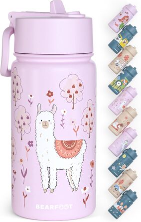 Дитяча термопляшка Bearfoot з нержавіючої сталі з трубочкою 400 мл - BPA free, без витоку, для дівчаток та хлопчиків, для школи та садочка (Лідія - Лама)