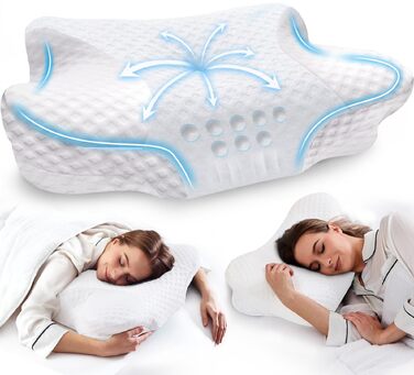 Ортопедична подушка для шиї VJASD з ефектом пам'яті (Memory Foam) — ергономічна подушка від болю в шиї, регульована по висоті для сну на боці, з дихаючим чохлом (Біла, 60 x 35 см)