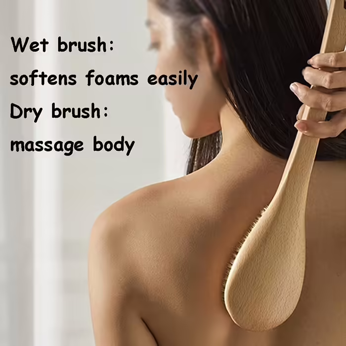 Transparent Particle-Matte Finish Anti-Slip Grip Body Brush, Bath Brush Wet and Dry Back Brush, Natural Bristle Hair Beechwood Material (14.8 * 3.1 inches * 2)
