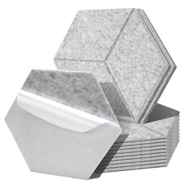 Акустичні гексагональні панелі Fiqops самоклеючі для шумоізоляції стін, звукопоглинаючі шестикутні плити високої щільності, сріблясто-сірі (30x26x0.9 см, 12 шт)