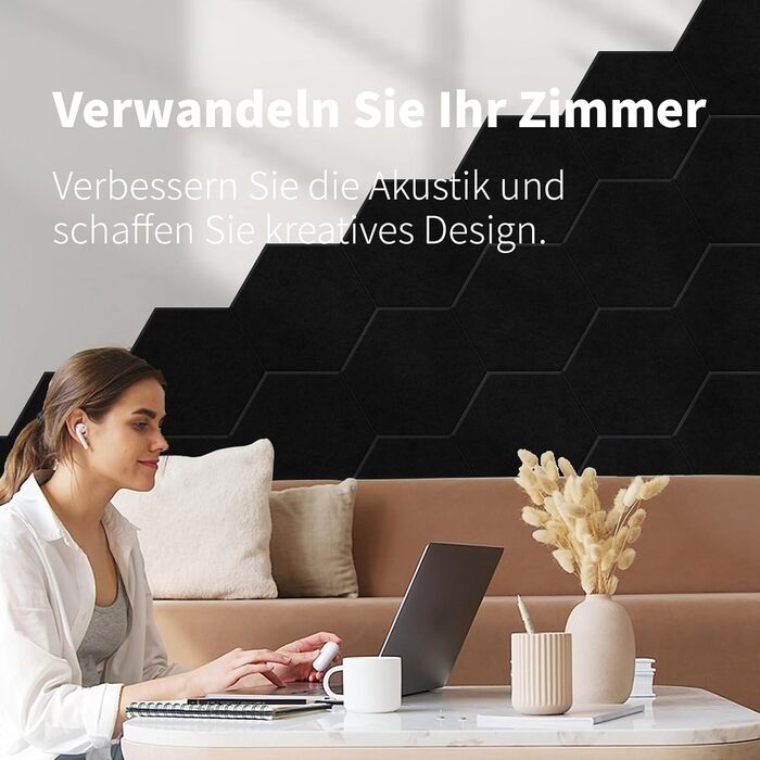 Акустичні гексагональні панелі самоклейні для звукоізоляції стін та дверей, 1.4м², 36 шт, чорні (230кг/м³, NRC 0.95, 100% поліестер)