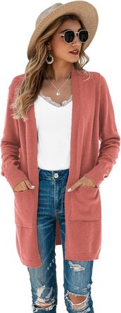 Кардиган жіночий Saodimallsu трикотажний, довгий, легкий, однотонний, з кишенею, темно-рожевий, розмір M