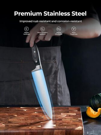 AMEGAT Self-Sharpening Knife Block Set with Carving Fork - Premium Stainless Steel Knife Set with Wooden Block - Vollerl & 3-Rivets Design