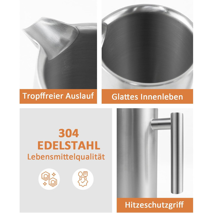 Френч-прес 1000 мл / 8 чашок, кавоварка з нержавіючої сталі, подвійні стінки, ізольована, з фільтром - 1 літр