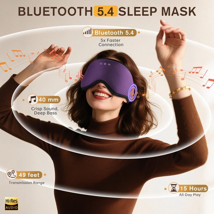 Маска для сну Dolida з Bluetooth навушниками V5.4, фіолетова: комфорт для сну та подорожей