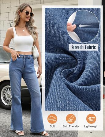 Джинси жіночі Schlaghose (кльош) з високою талією, еластичні, Bootcut, темно-сині, з кишенями, L