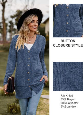 Кардиган жіночий з довгим рукавом, відкритий спереду, на ґудзиках, V-подібний виріз, легкий, з кишенями (XL, темно-синій)