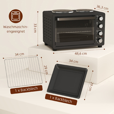HOMCOM 28L Mini Oven 2600W Mini Oven 100-230℃ 60 Min. Timer, with 2 Warming Plates, Baking Tray and Grill Rack Pizza Oven with Crumb Tray, Tabletop Handle Black | Aosom