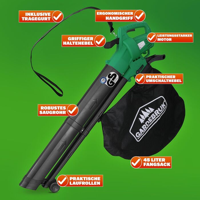 GARDEBRUK® Electric Leaf Blower 3-in-1 3000W Shoulder Strap 270km/h Wheels 45L Collection Bag Leaf Blower Shredder Garden Vacuum Green