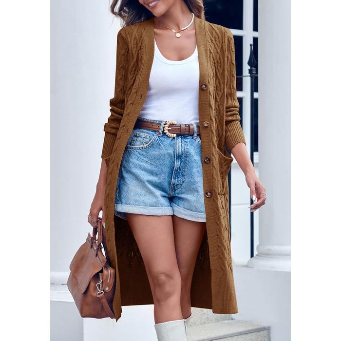 Жіночий в'язаний кардиган Imily Bela з довгими рукавами, відкритий фасон, в'язане плетиво, з кишенями, осінь-зима (Колір: Коричневий, Розмір: S)