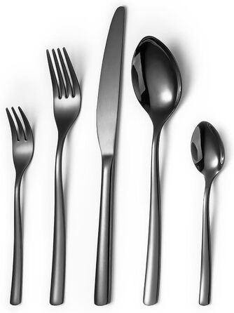 Black Cutlery Set, 6 People, 30-Piece, High-Quality Shiny Black, Stainless Steel Cutlery Set, Fork, Knife, Spoon Set, High-Gloss Polished Mirror Finish, Dishwasher Safe