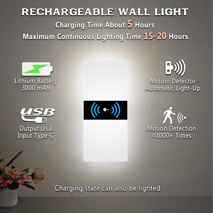 LED настінний світильник VOMI з датчиком руху, акумуляторний, бездротовий, USB зарядка, 4000mAh, для коридору та сходів, 2 білих світлодіодів, 6000K