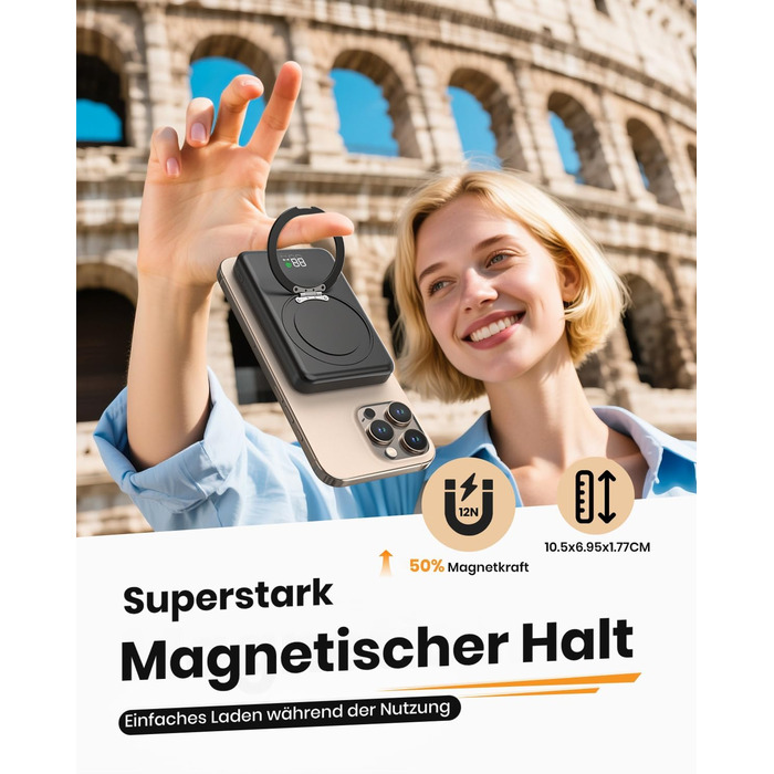 Портативний зарядний акумулятор SOARAISE 10000mAh з PD 20W, USB-C та бездротовою зарядкою, LED дисплеєм, чорний