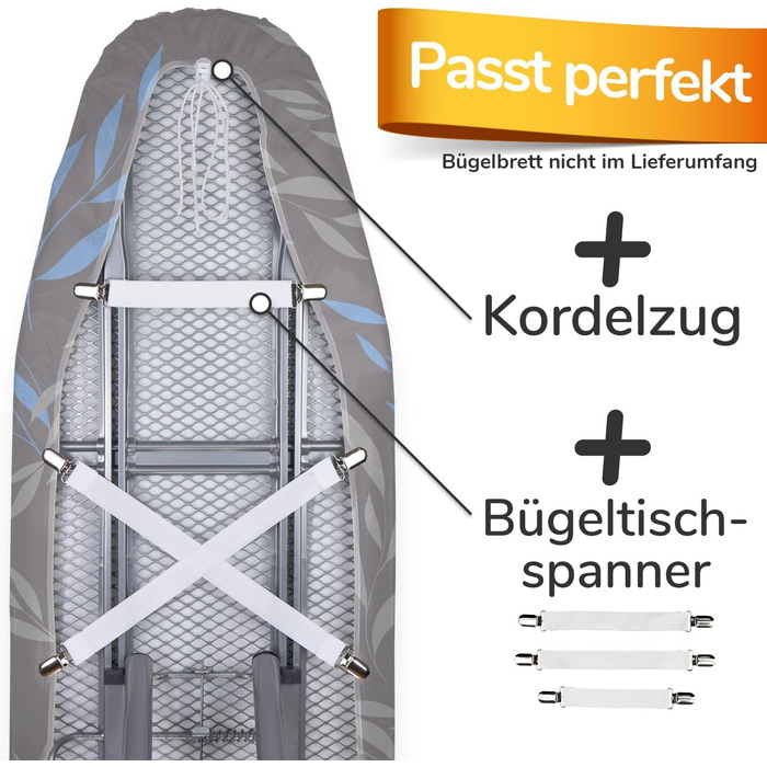 М'який турбо-чехол для прасувальної дошки 140x40, Made in Germany, ÖKOTEX бавовняне ущільнення, швидке прасування з терморефлексією, 5 розмірів, EasyFit+фіксатор, XXL площа 135-140x40-45см, блакитно-сірий